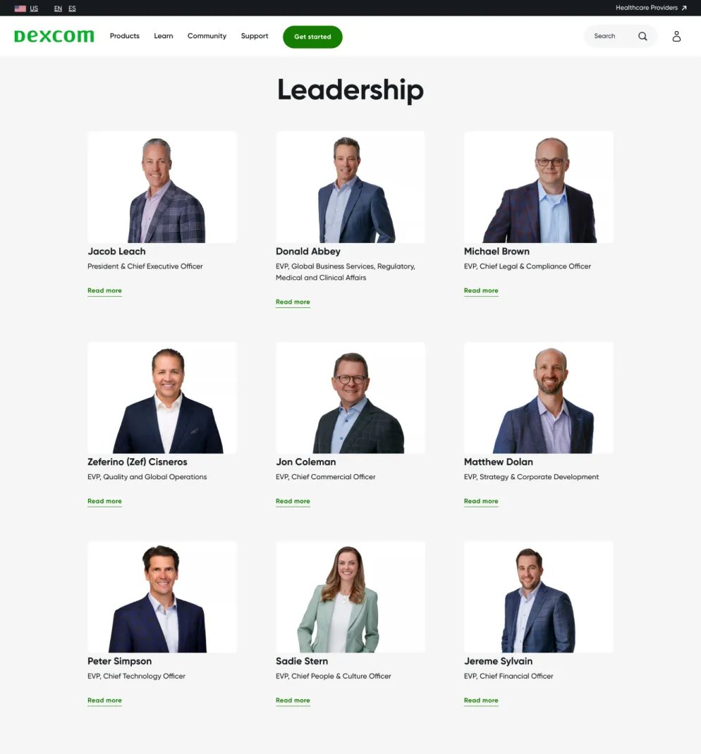 A symmetrical medical technology company leadership page showing professional headshots with consistent white studio backgrounds and clean green brand accent text links