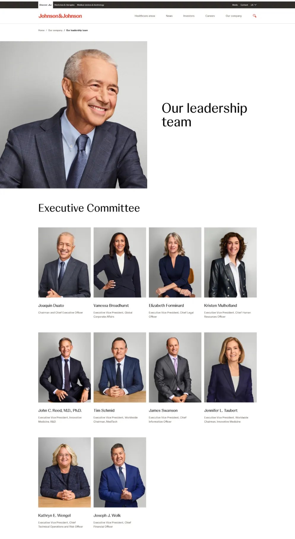 High-end corporate leadership page layout with a prestigious editorial look, featuring consistent high-contrast executive studio headshots on neutral grey backgrounds