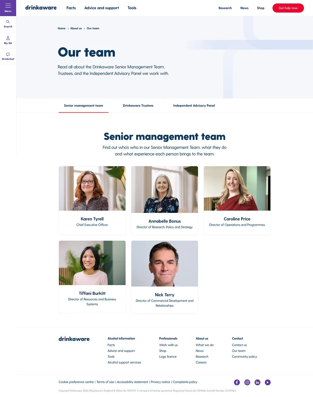 Non-profit team page interface featuring horizontal tab-based filtering navigation above a clean grid layout of staff profile cards with warm, approachable photography.