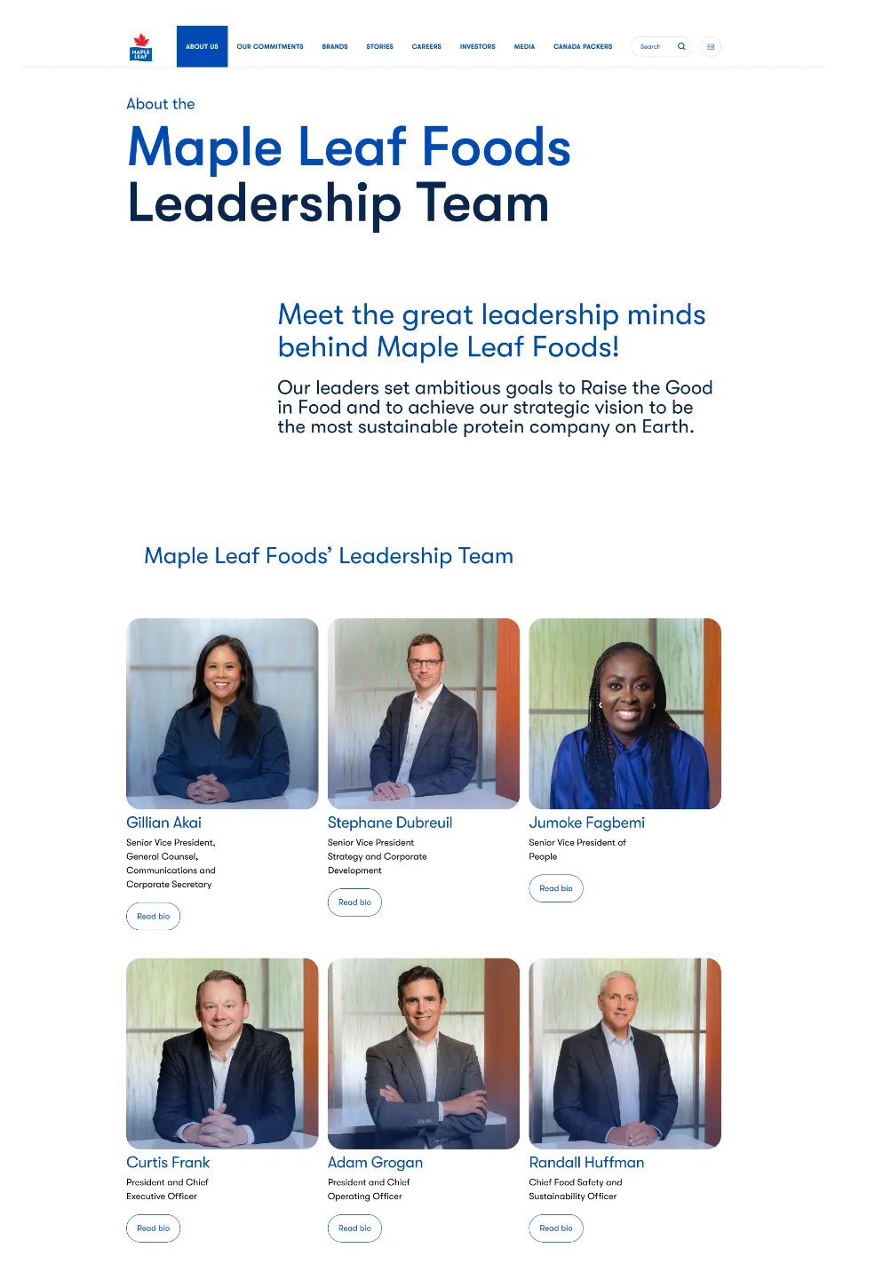A structured, warm corporate leadership page design with a clear visual hierarchy of team profile cards featuring rounded geometry and clear "Read bio" trigger buttons.