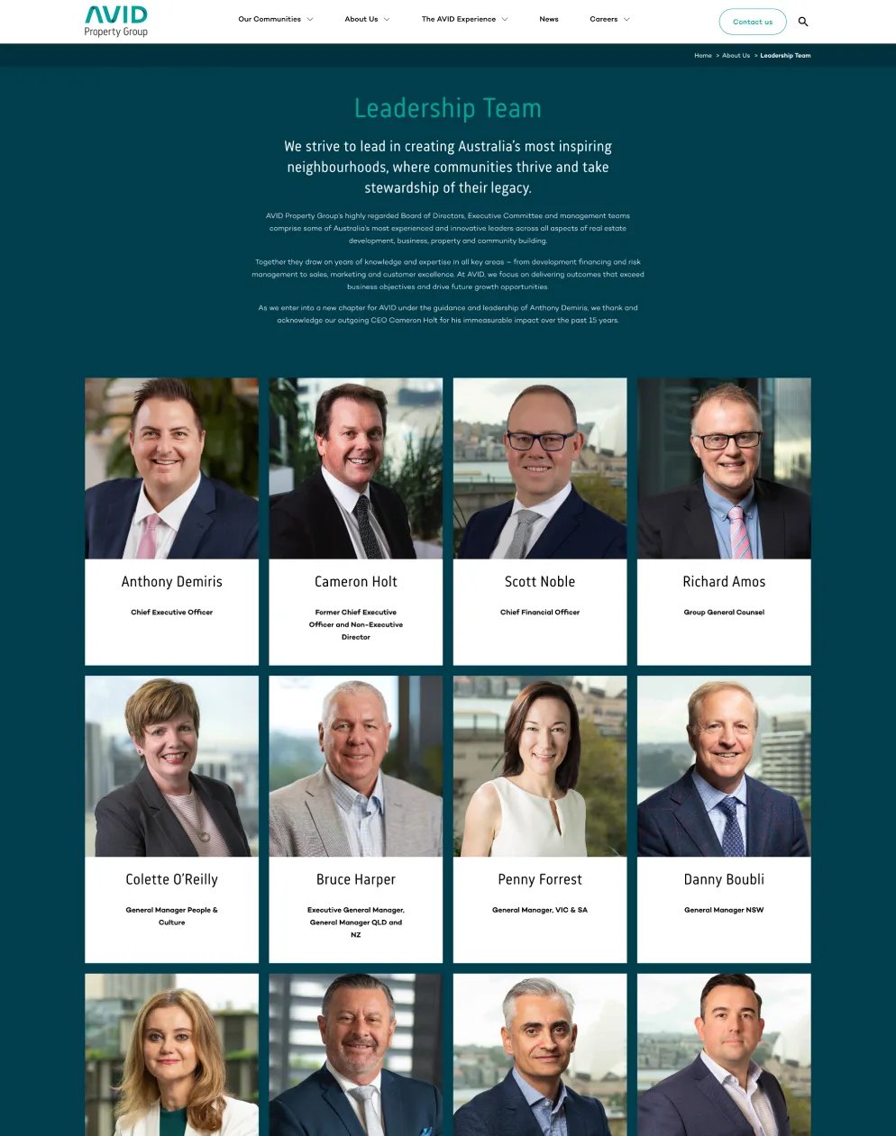 Corporate leadership directory grid featuring clean white profile container cards with professional headshots set against a deep teal background canvas