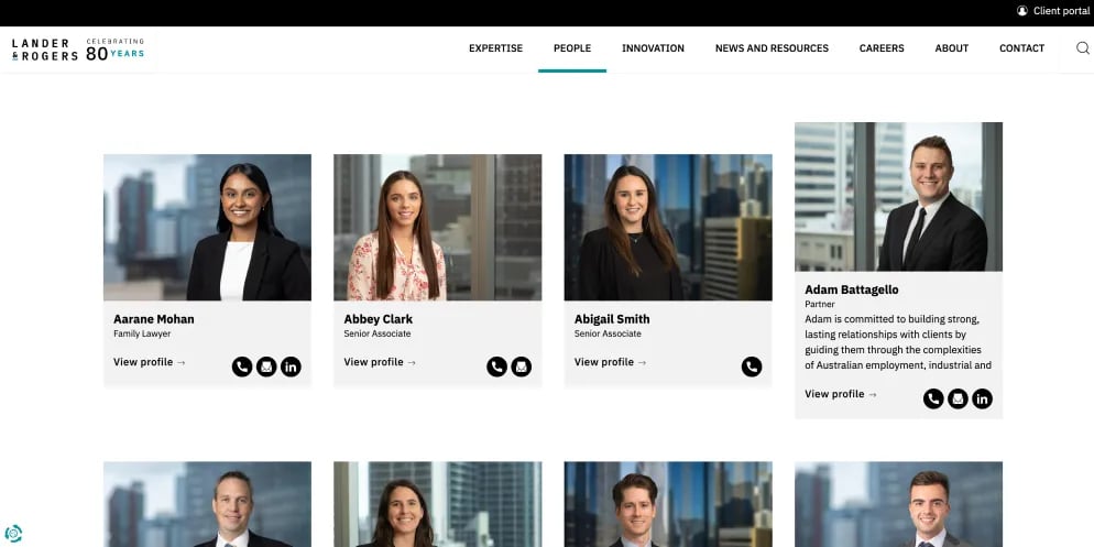 Legal corporate team directory interface featuring card grids that scale dynamically on hover, displaying direct email, phone, and LinkedIn communication icons.