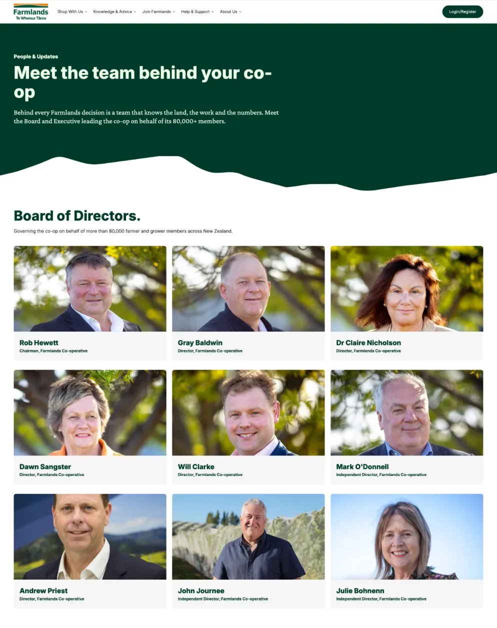 An agricultural co-operative website team directory page featuring cinematic landscape aspect-ratio cards with authentic outdoor wide-angle portraiture