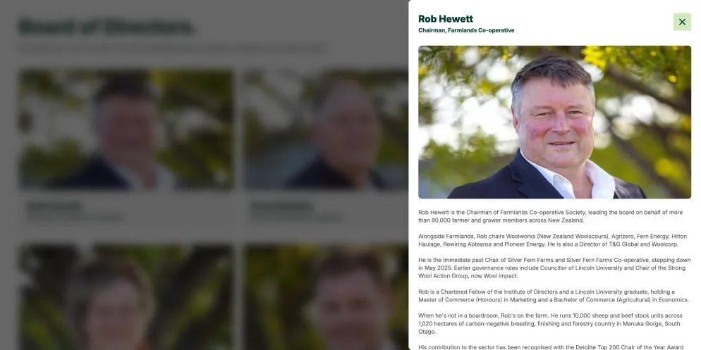 UI screenshot of a team profile interaction showing a smooth right-side drawer flyout panel displaying an executive biography over a blurred background.