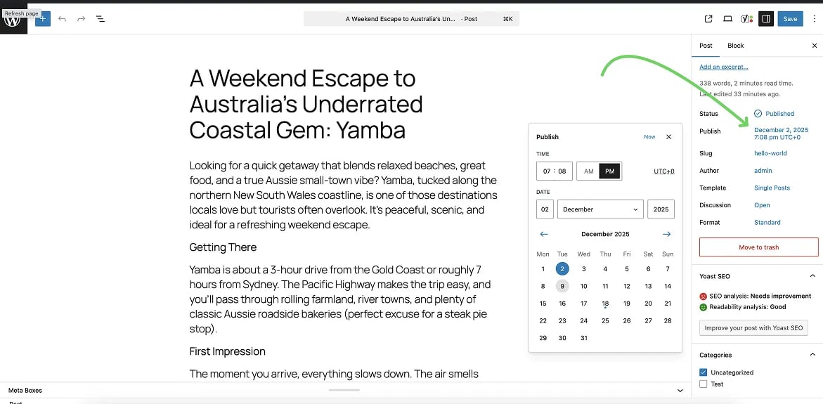 change wordpress blog publishing date