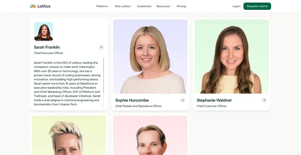 Tech company team page layout showcasing vibrant pastel color blocking backdrops with modern rounded corners and interactive scrollable hover flip cards.
