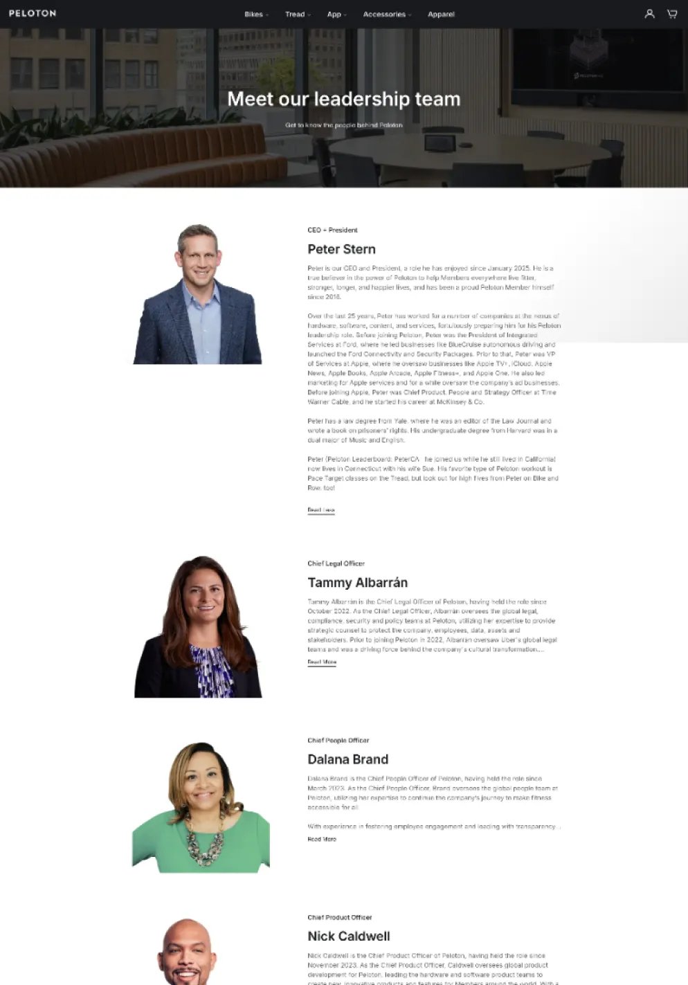 Minimalist fitness brand corporate team directory displaying an asymmetrical layout with a clean left-aligned single column of executive portraits and in-line narrative bio text blocks