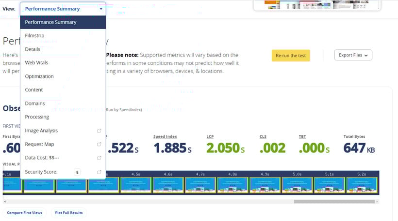 web page test results