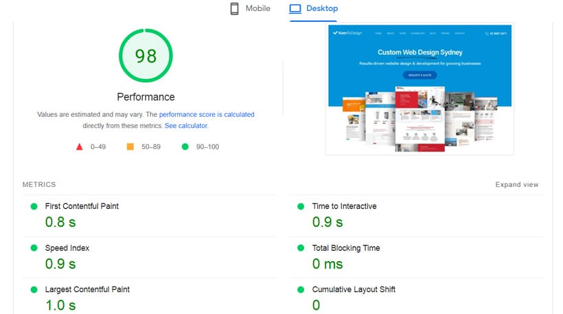 website speed test results