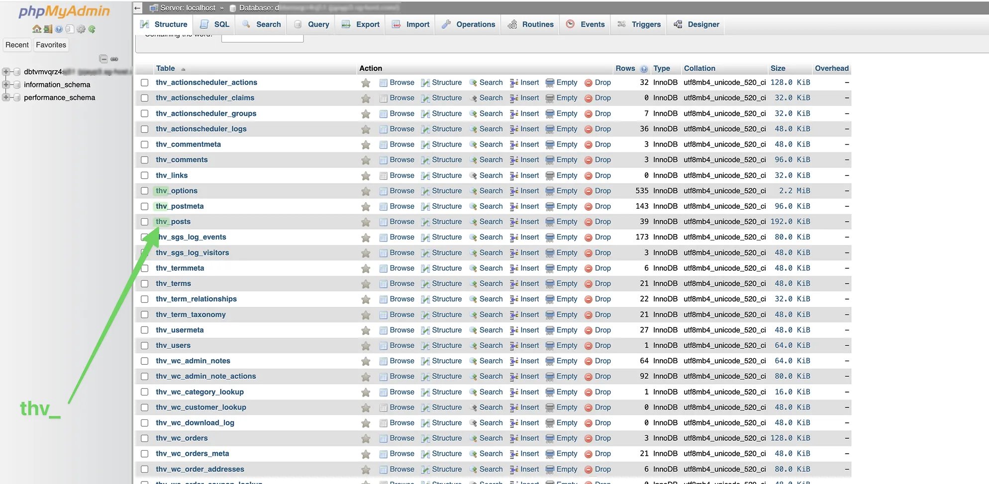 phpMyAdmin database structure view showing WordPress tables with thv_ prefix, including posts, users, options and other core tables with their row counts and sizes