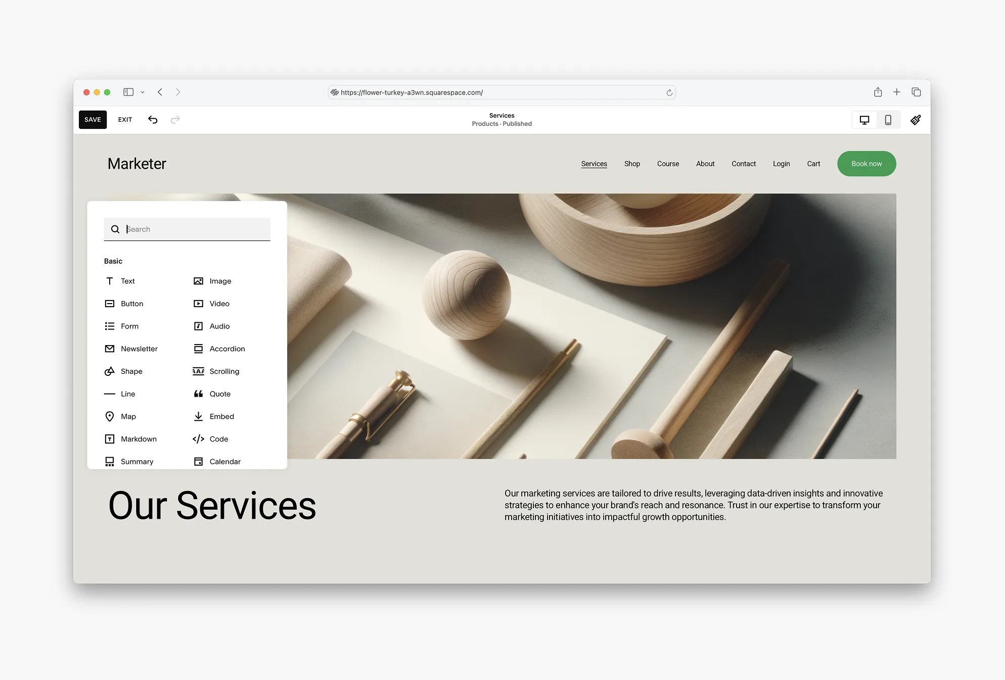 Screenshot of the Squarespace editor's drag-and-drop interface with a content menu on the left
