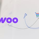 A graphic showing the WooCommerce logo connected by a dotted line to the Google Merchant Center shopping cart icon