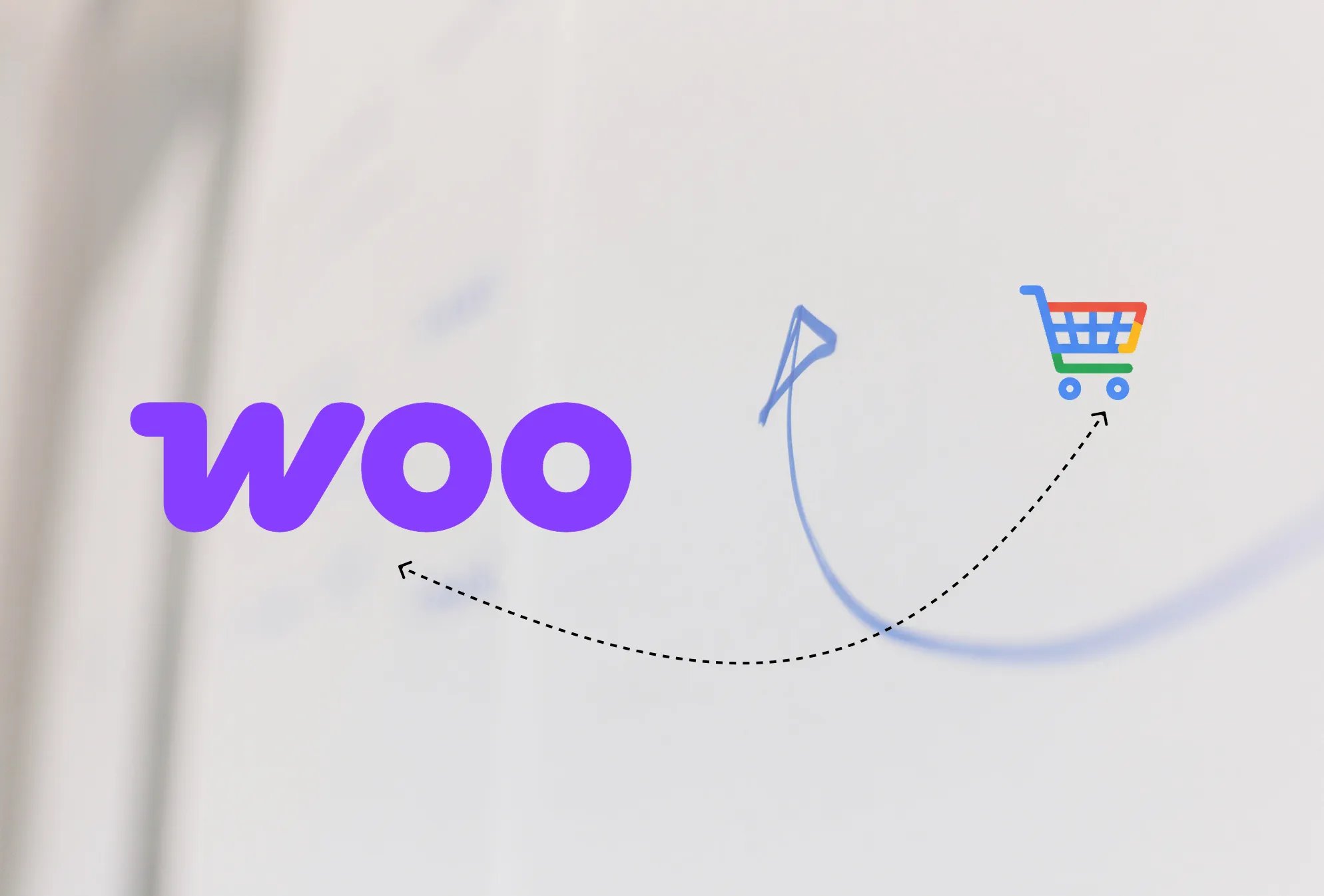 A graphic showing the WooCommerce logo connected by a dotted line to the Google Merchant Center shopping cart icon
