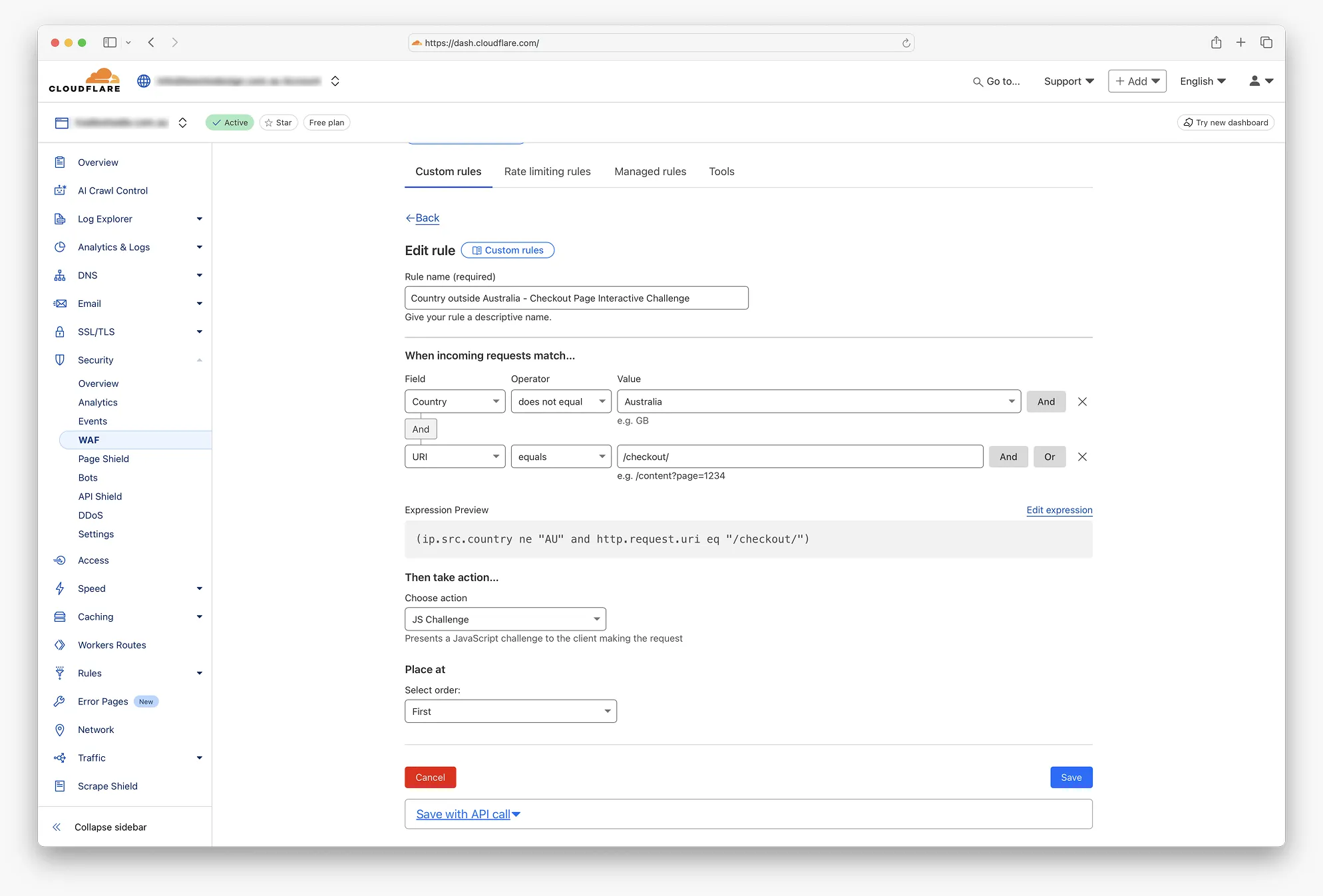 Cloudflare dashboard showing configuration of a custom security rule that challenges non-Australian traffic accessing the checkout page