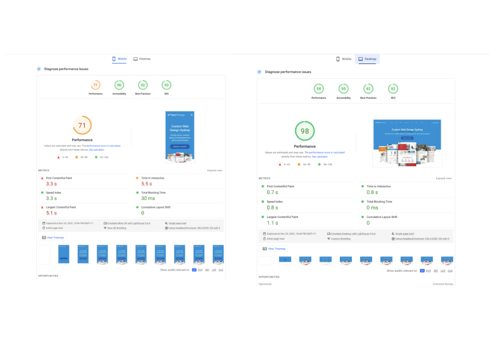 Keen to Design historical mobile and desktop Google PageSpeed Insights report showing a 71 mobile performance score and 5.1 second Largest Contentful Paint baseline audit